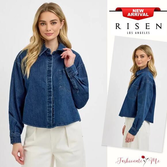 RISEN Hidden Button Up Long Sleeves Chest Pocket Dark Wash Denim Shacket - Picture 1 of 5